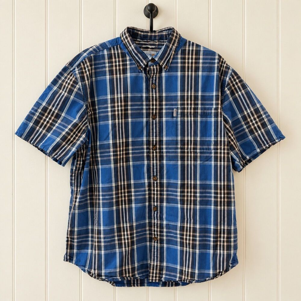 {Carhartt} relaxed-fit short-sleeve plaid button-up shirt, 2XL Regular.